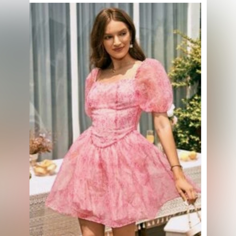 Pink  puff sleeve magical  dress with corset look not boned but beautiful